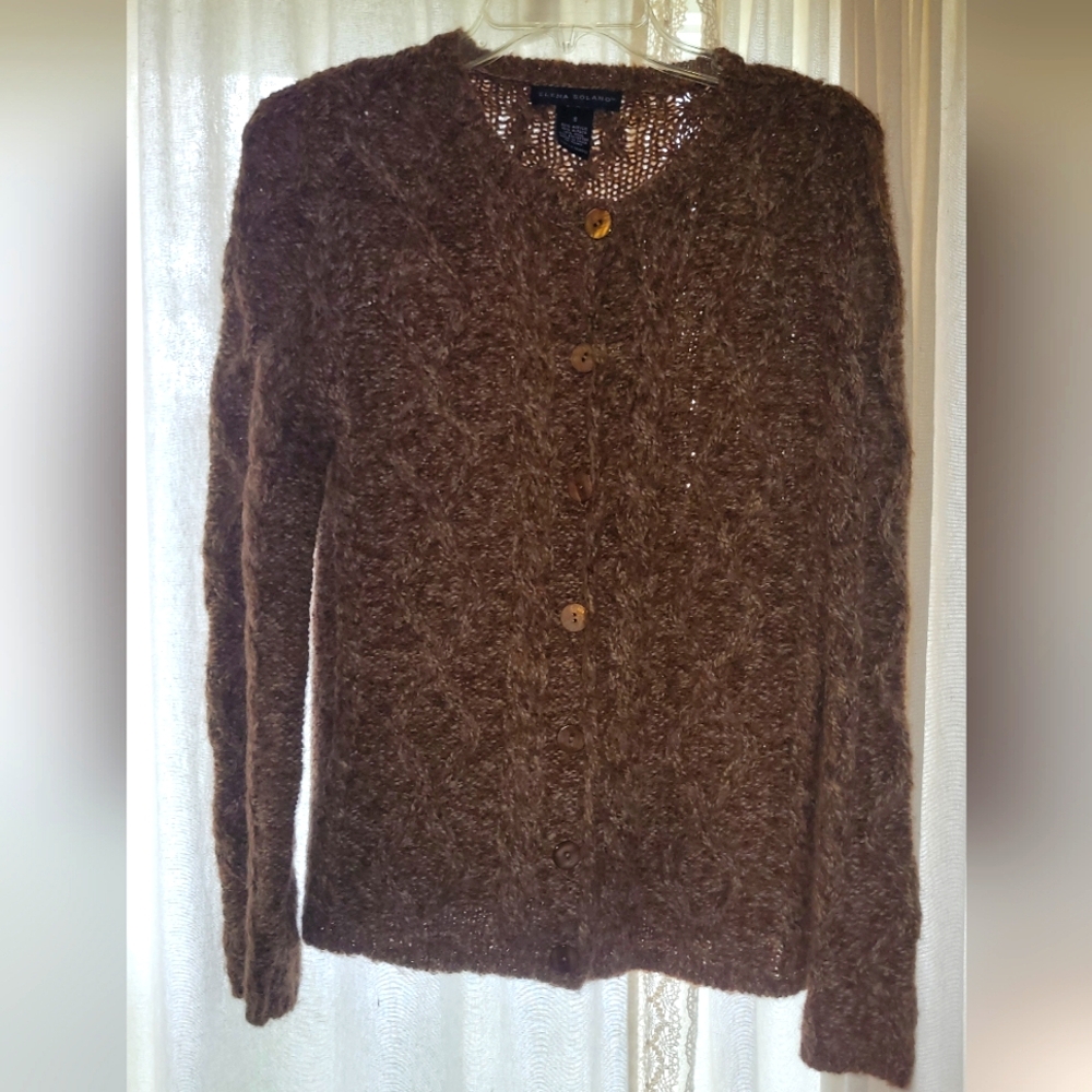 Brown Elena Solano Tan Alpaca Blend Cable Knit Cardigan Button up Sz S Womens